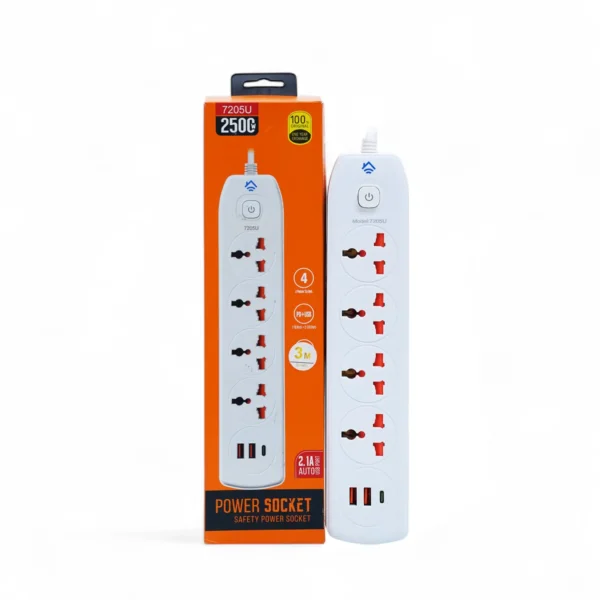 2500W Universal Power Extension with 4 Sockets 2 USB and 1 Type C Port