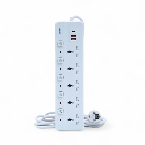 2500W Universal Power Extension 5 Sockets with Individual Power Buttons 2 USB and 1 Type C Port