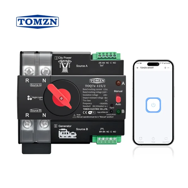 Tomzn EWelink Smart WiFi 2P ATS Dual Power Automatic Changeover 125A