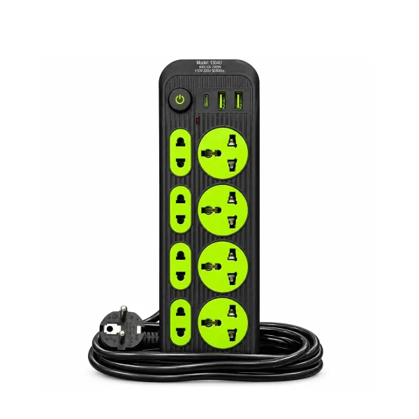 2000W Power Extension 8 Sockets, 2 USB + Type-C, 10ft Cable – Model 1304U